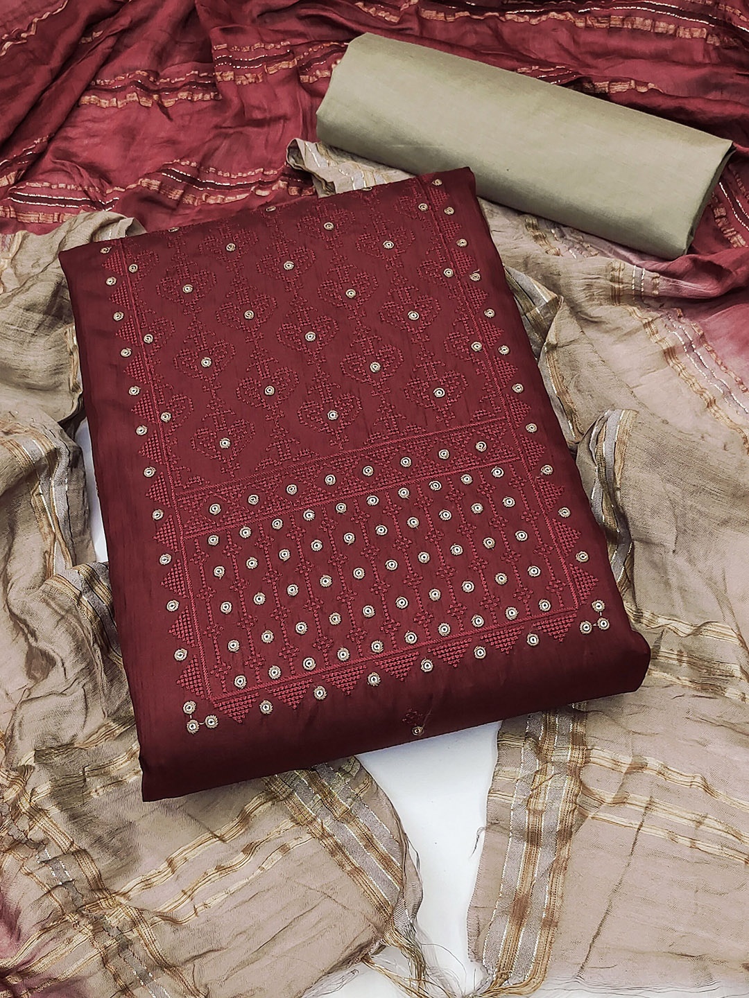 

SAINOOR Embroidered Thread Work Pure Silk Unstitched Dress Material, Maroon