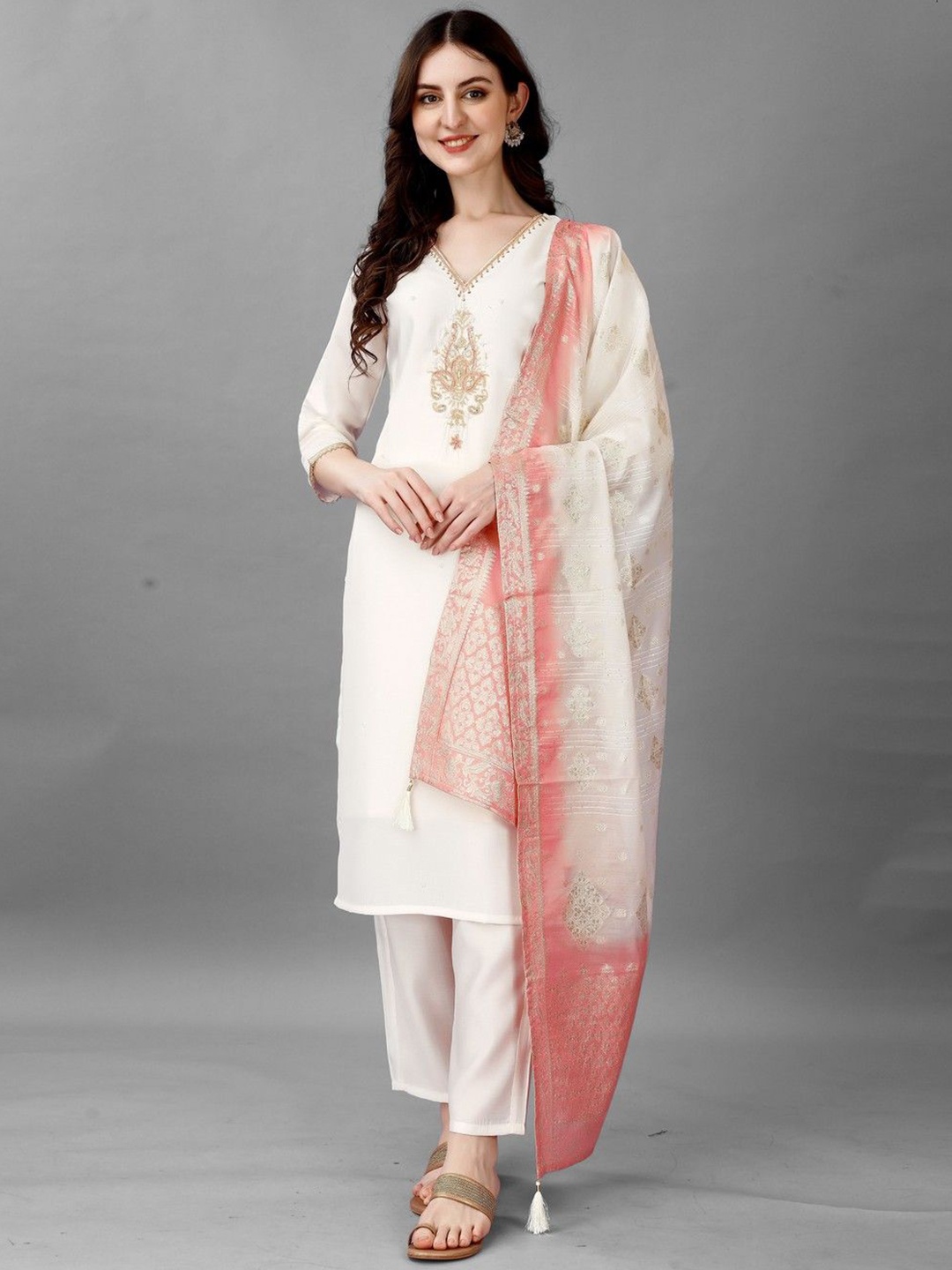 

ZEEPKART Floral Embroidered V-Neck Sequinned Straight Kurta With Trousers & Dupatta, White