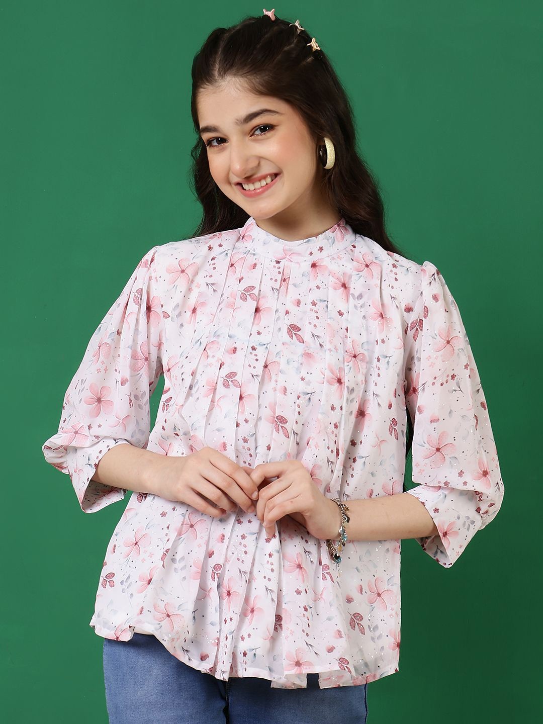 

Miss & Chief Girl Floral Printed Round Neck Cuffed Sleeves Top, White