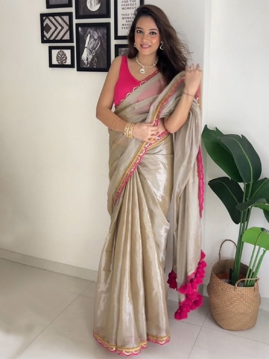

Shopaz Satin Ready to Wear Saree, Cream
