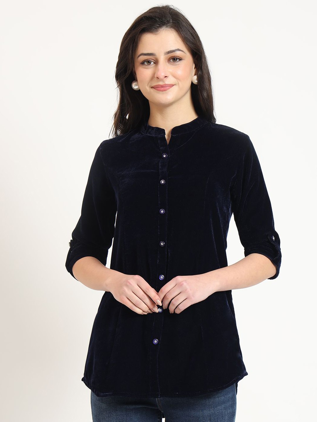 

BAESD Women Mandarin Collar Roll-Up Sleeves Velvet Shirt Style Top, Navy blue
