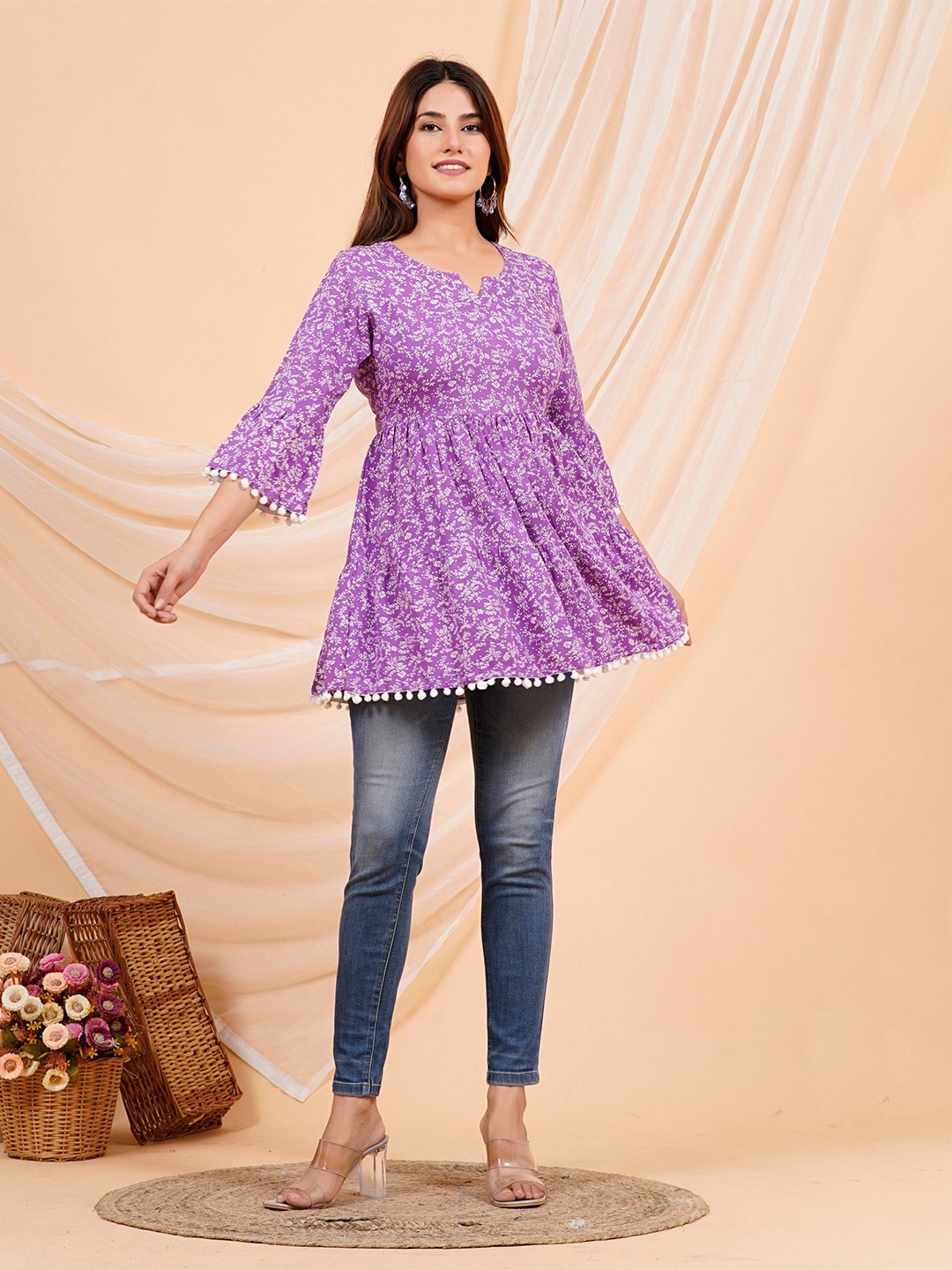 

JAGNA Women Floral Printed Round Neck Bell Sleeve Regular Top, Purple