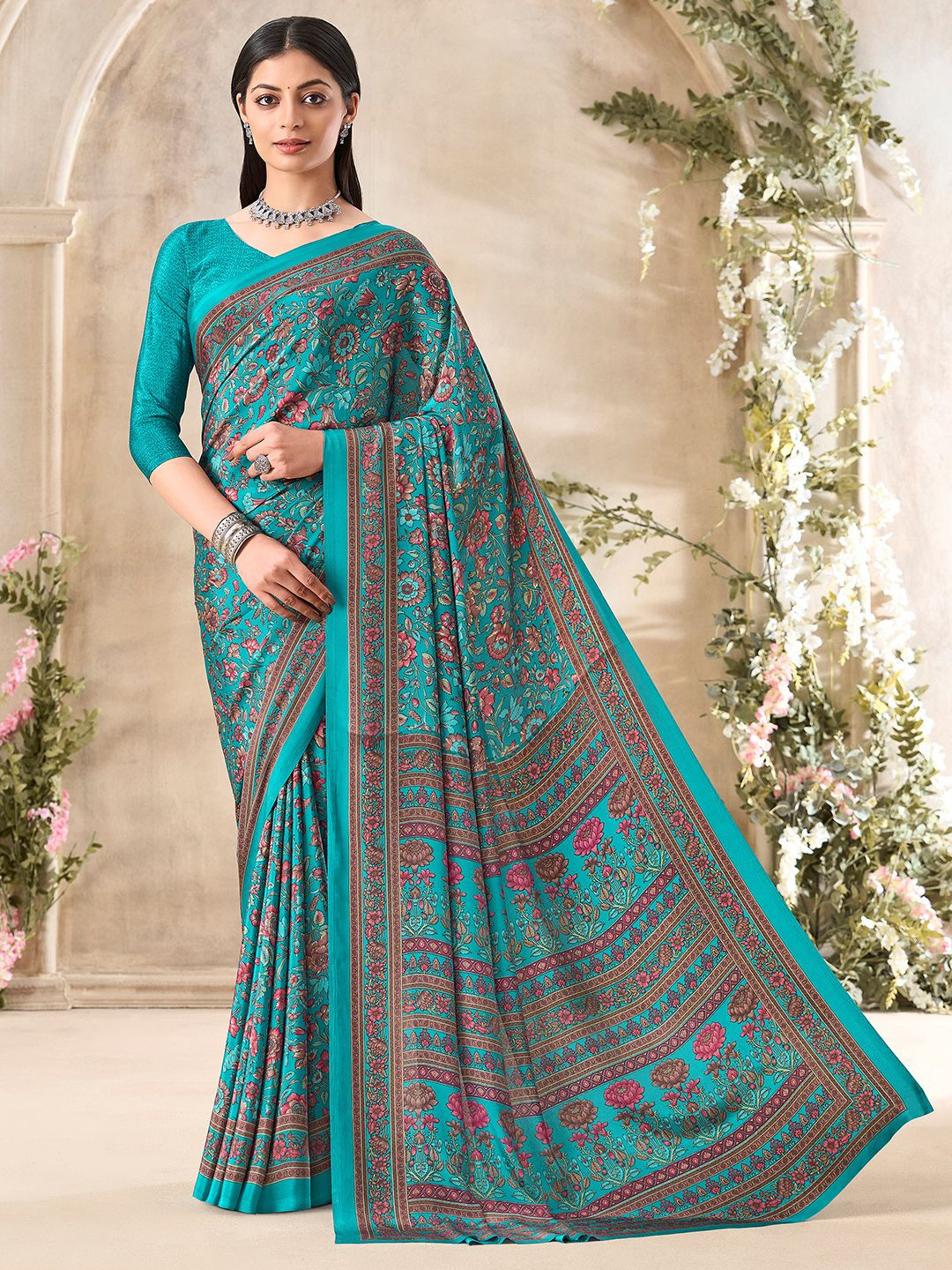 

DIVASTRI Floral Poly Crepe Saree, Blue