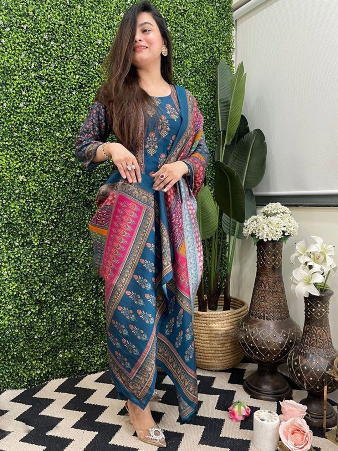 

Anni Designer Floral Printed Straight Kurta With Trousers & Dupatta, Blue