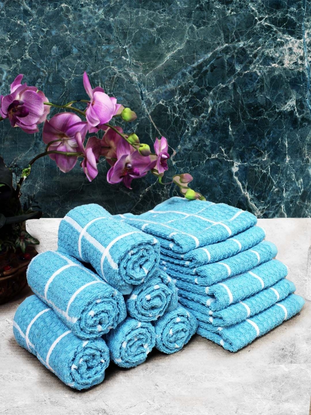 

Aura White & Blue 12 Pieces Checked Pure Cotton 150 GSM Hand Towels