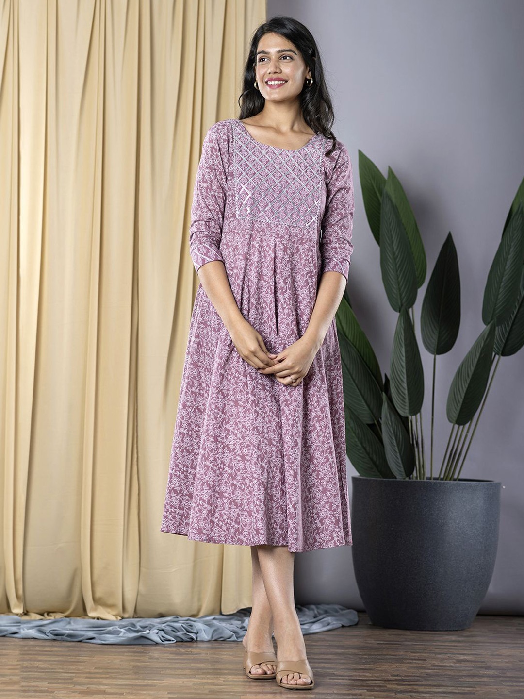 

CORSICA Ethnic Motifs Print Formal Fit & Flare Midi Dress, Mauve