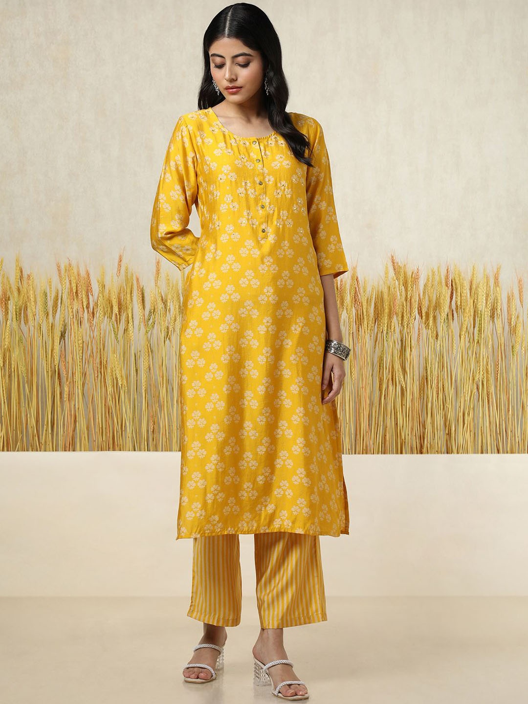 

Soch Floral Printed Round Neck Mirror Work Straight Kurta With Palazzo, Mustard