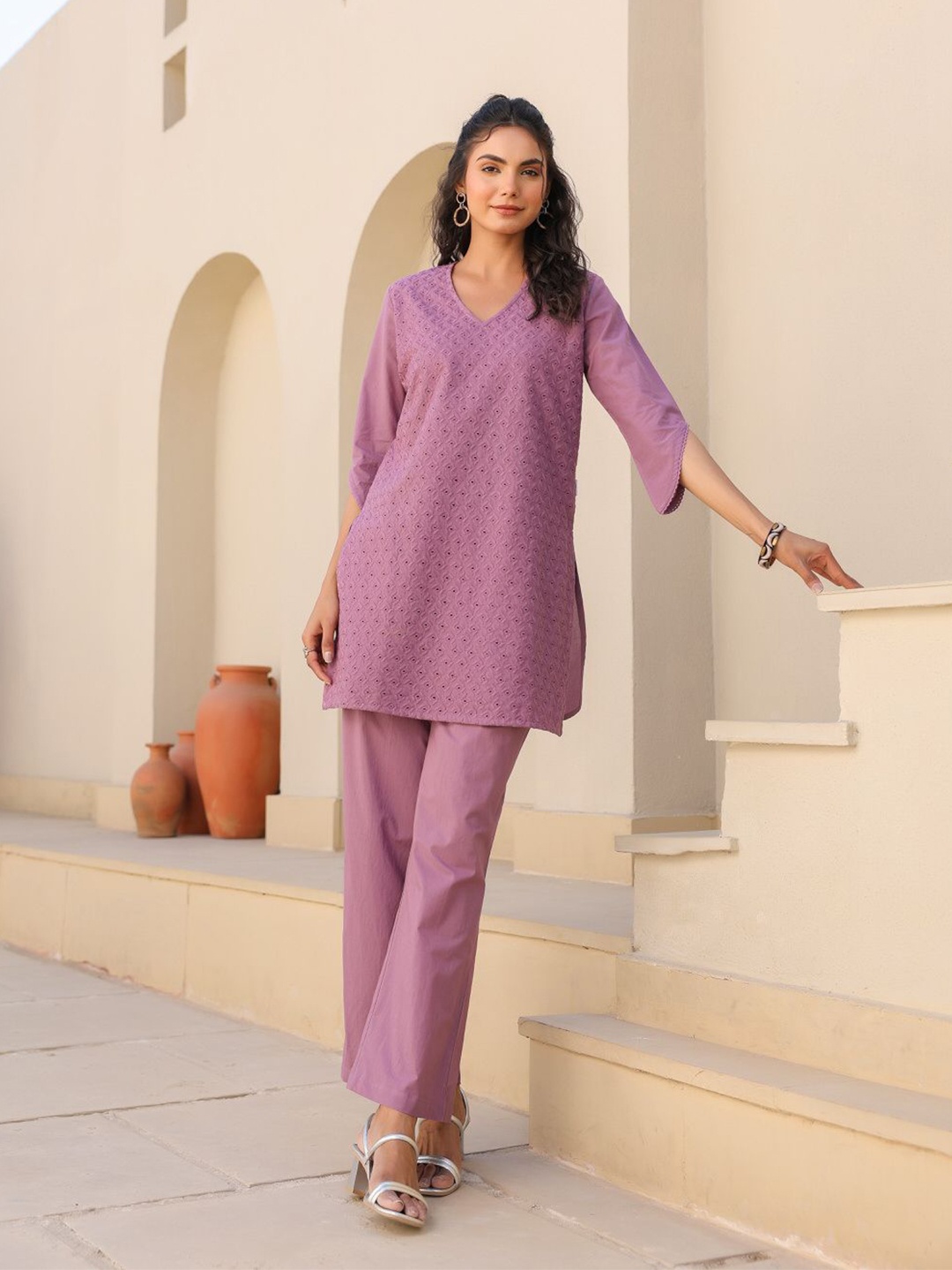 

JISORA Purple Geometric Printed V-Neck Pure Cotton Tunic & Trousers
