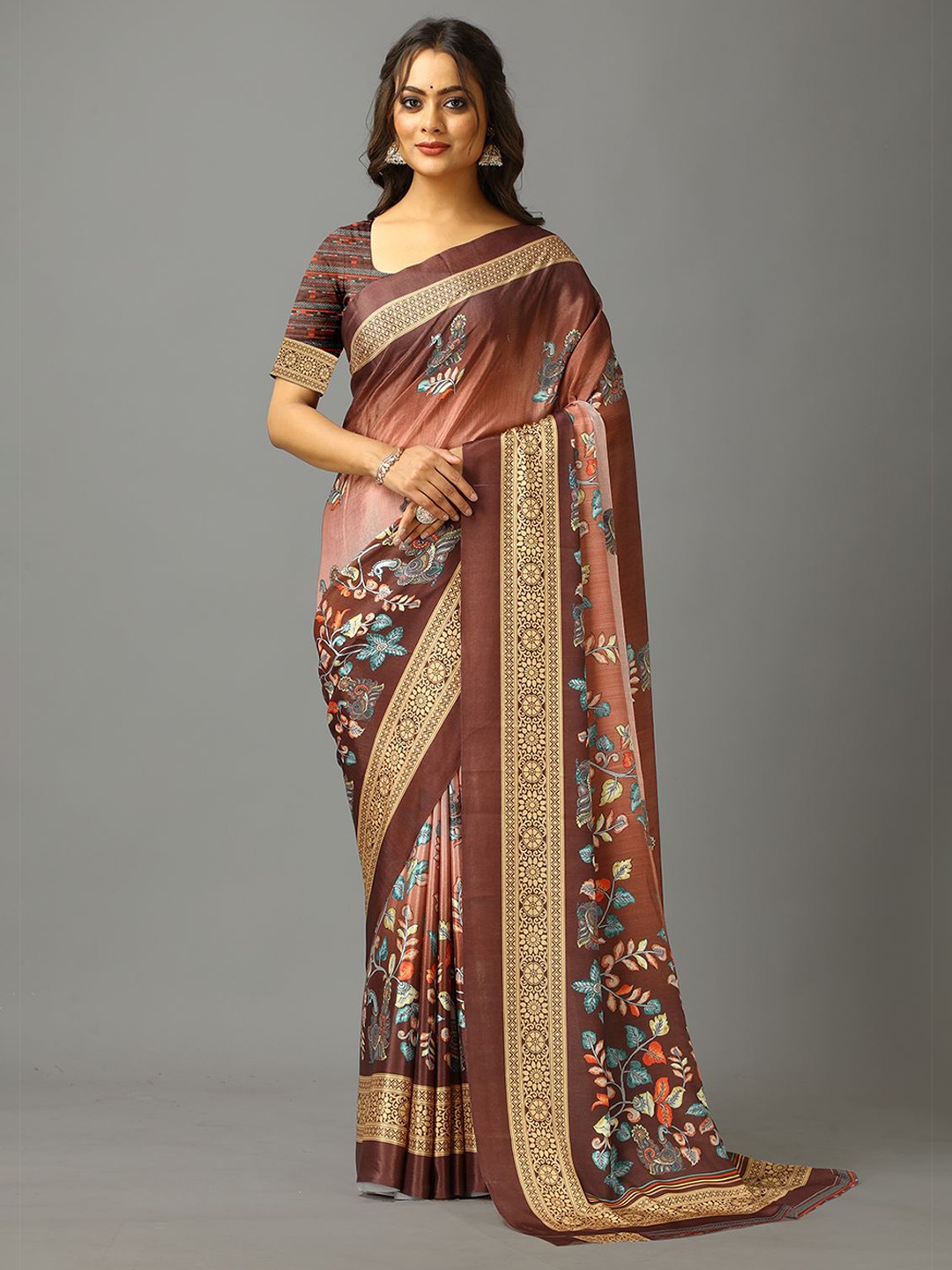 

A.V.M. SILK MILLS Ethnic Motifs Pure Crepe Saree, Coffee brown