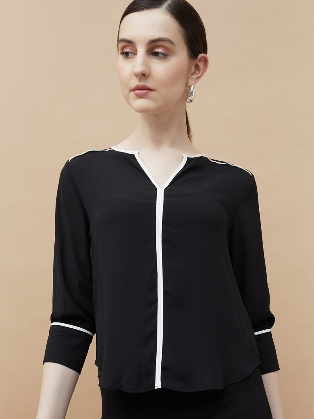 

CODE by Lifestyle Women V-Neck Cuffed Sleeves Shirt Style Top, Black