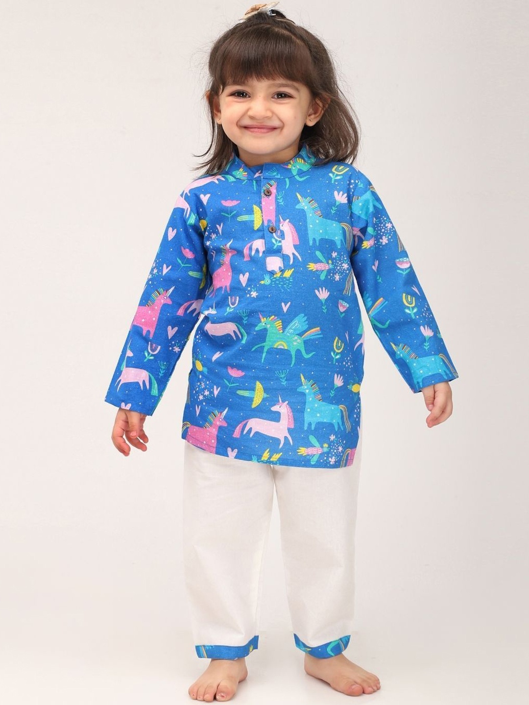 

MAMA AND PEACHES Kids Animal Printed Pure Cotton Kurta With Trouser, Blue