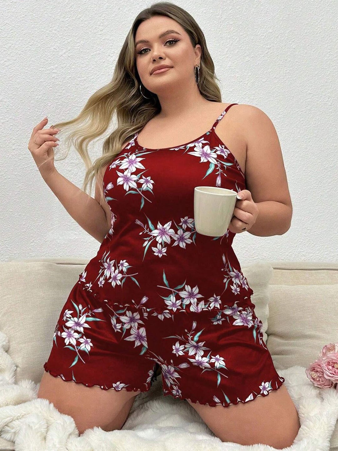 

Dreambe Women Printed Night suit, Maroon