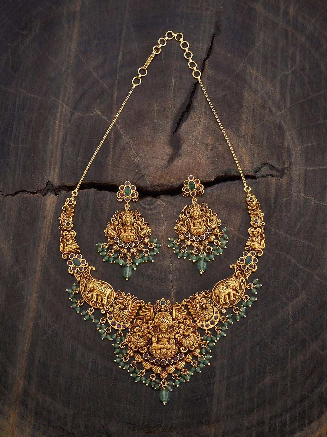 

Kushal's Fashion Jewellery Ruby-Green Gold-Plated Ethnic Antique Jewellery Set