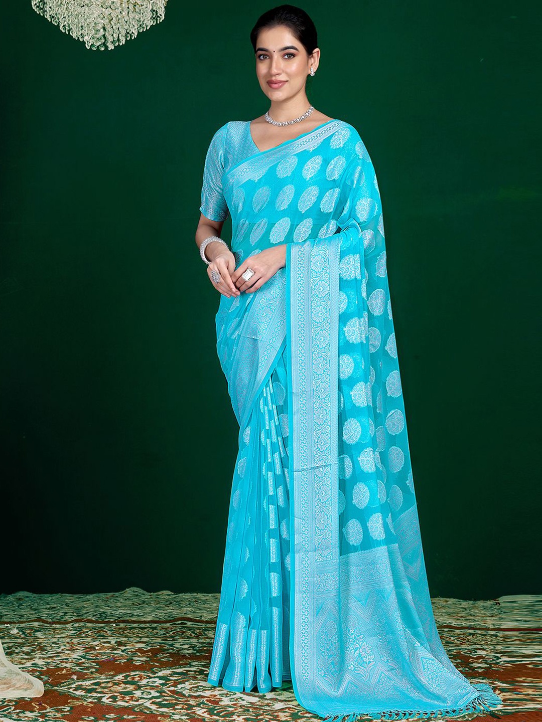 

Satrani Woven Design Zari Pure Georgette Saree, Blue