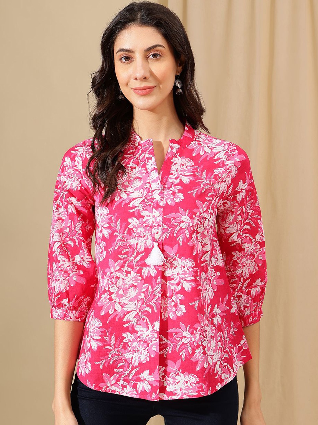 

JANAKDULARI CREATION Floral Print Mandarin Collar Cotton Top, Pink