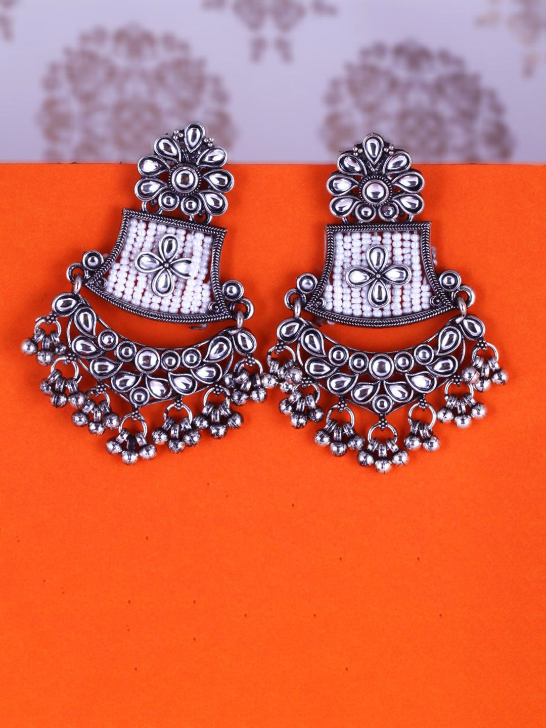 

MEENAZ Silver-Plated Oxidised Stone Studded & Beaded Contemporary Shaped Drop Earrings