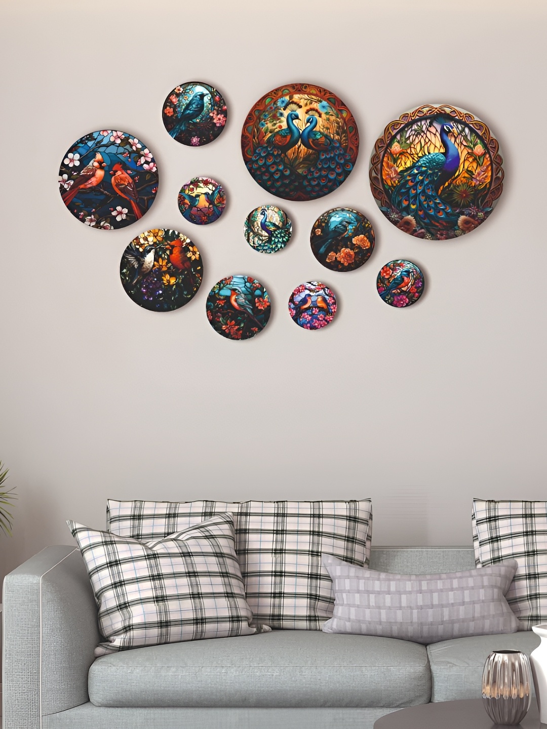 

CVANU Blue & Pink 11 Pieces Printed Wooden Round Shape Wall Plates