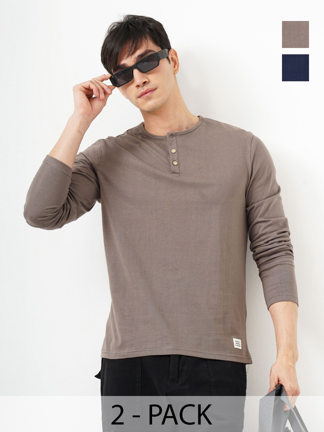 

Genoa Men Pack of 2 Solid Henley Neck Cotton T-shirts, Navy blue