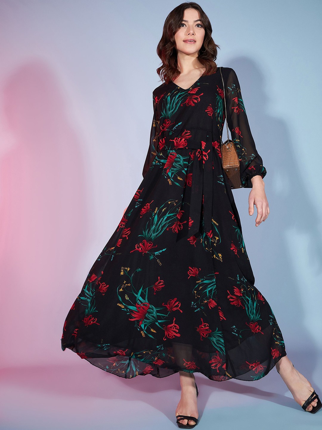 

CORSICA Floral Print Georgette Maxi Dress, Black