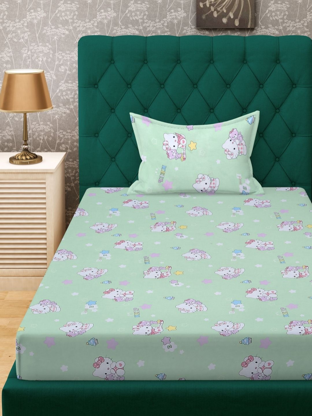

KLOTTHE Green & White Printed Fitted 400TC Pure Cotton Single Bedsheet With Pillow Cover