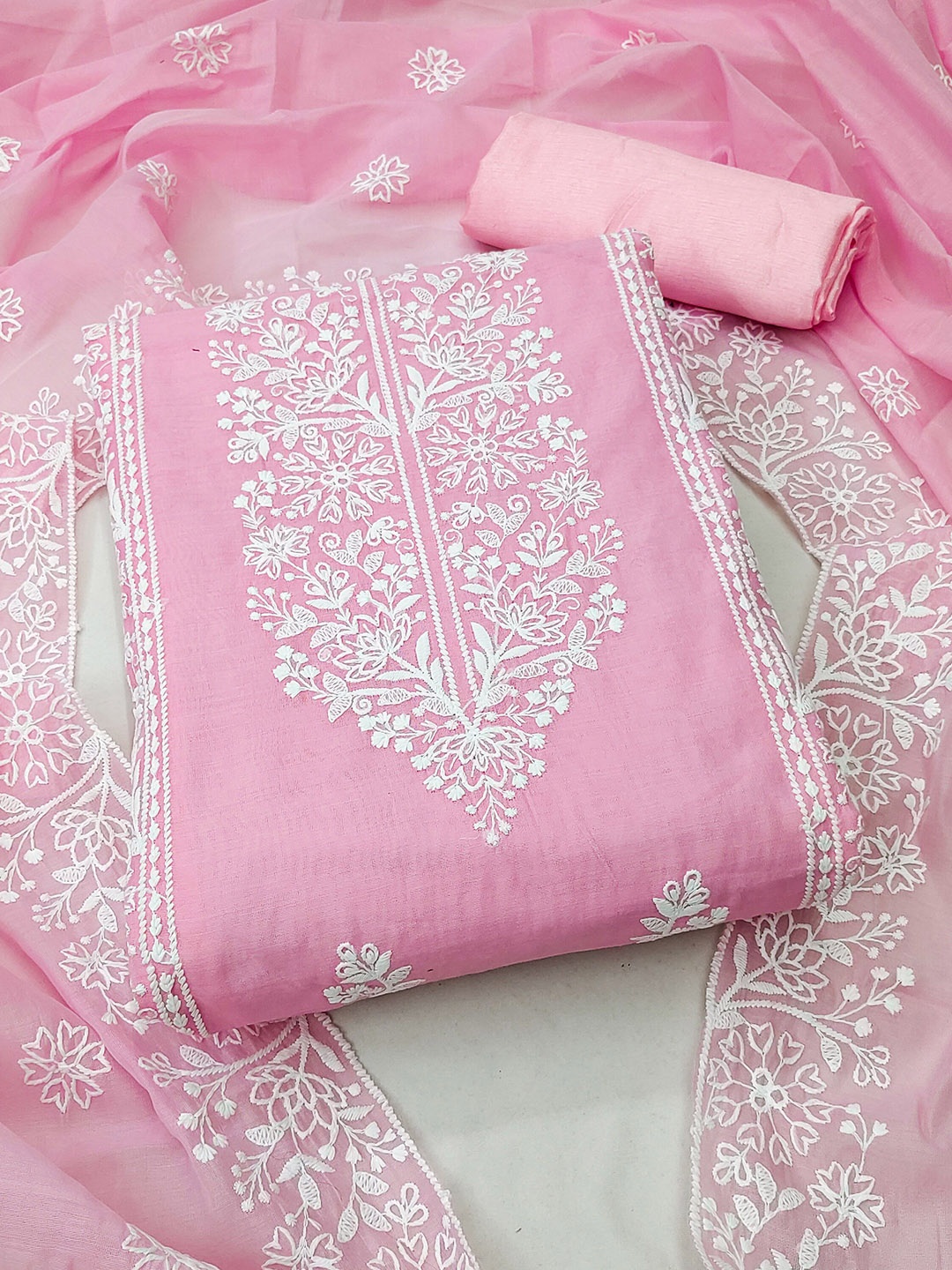 

SAINOOR Floral Embroidered Chanderi Cotton Unstitched Dress Material, Pink