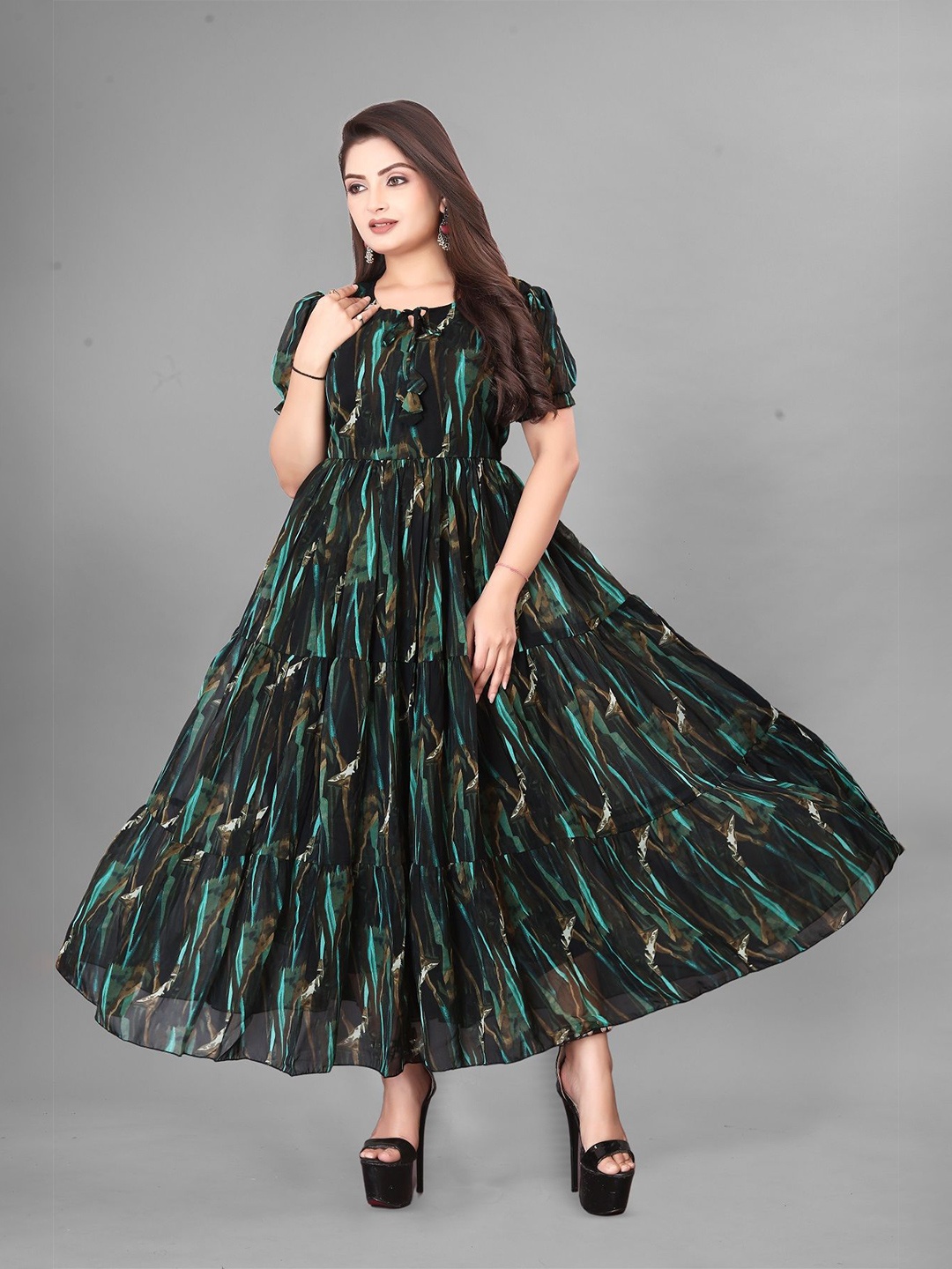 

KRISHTI CREATION Print Puff Sleeve Georgette Fit & Flare Maxi Dress, Green
