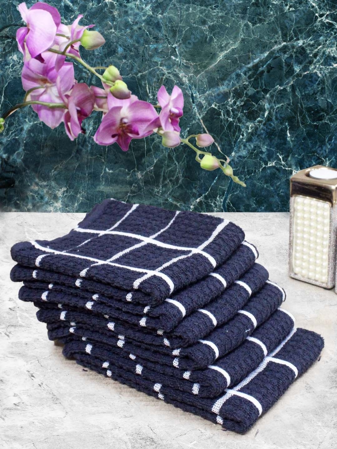 

Aura Blue & White 6 Pieces Checked Pure Cotton Super Absorbent & Quick Dry Hand Towels