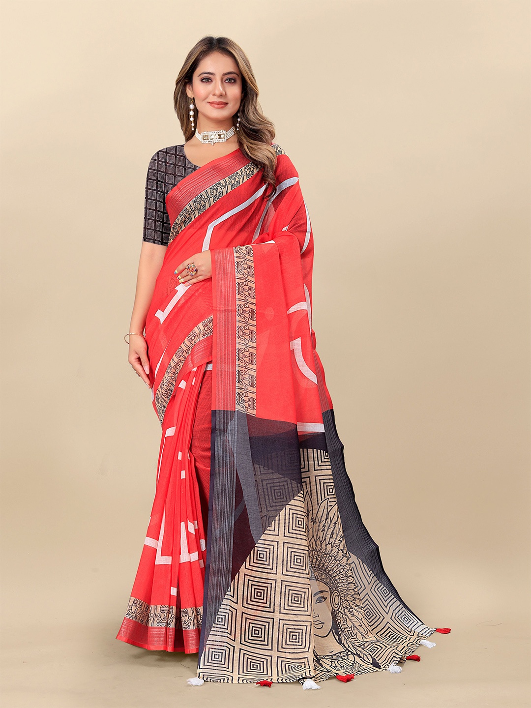 

Anouk Abstract Printed Saree With Blouse Piece, Red
