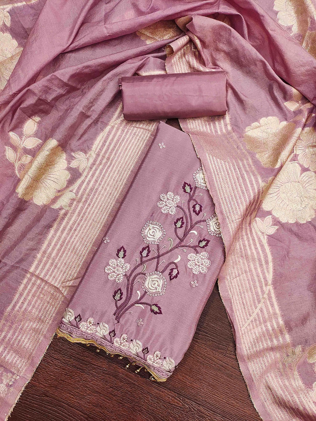 

KALINI Embroidered Unstitched Dress Material, Mauve