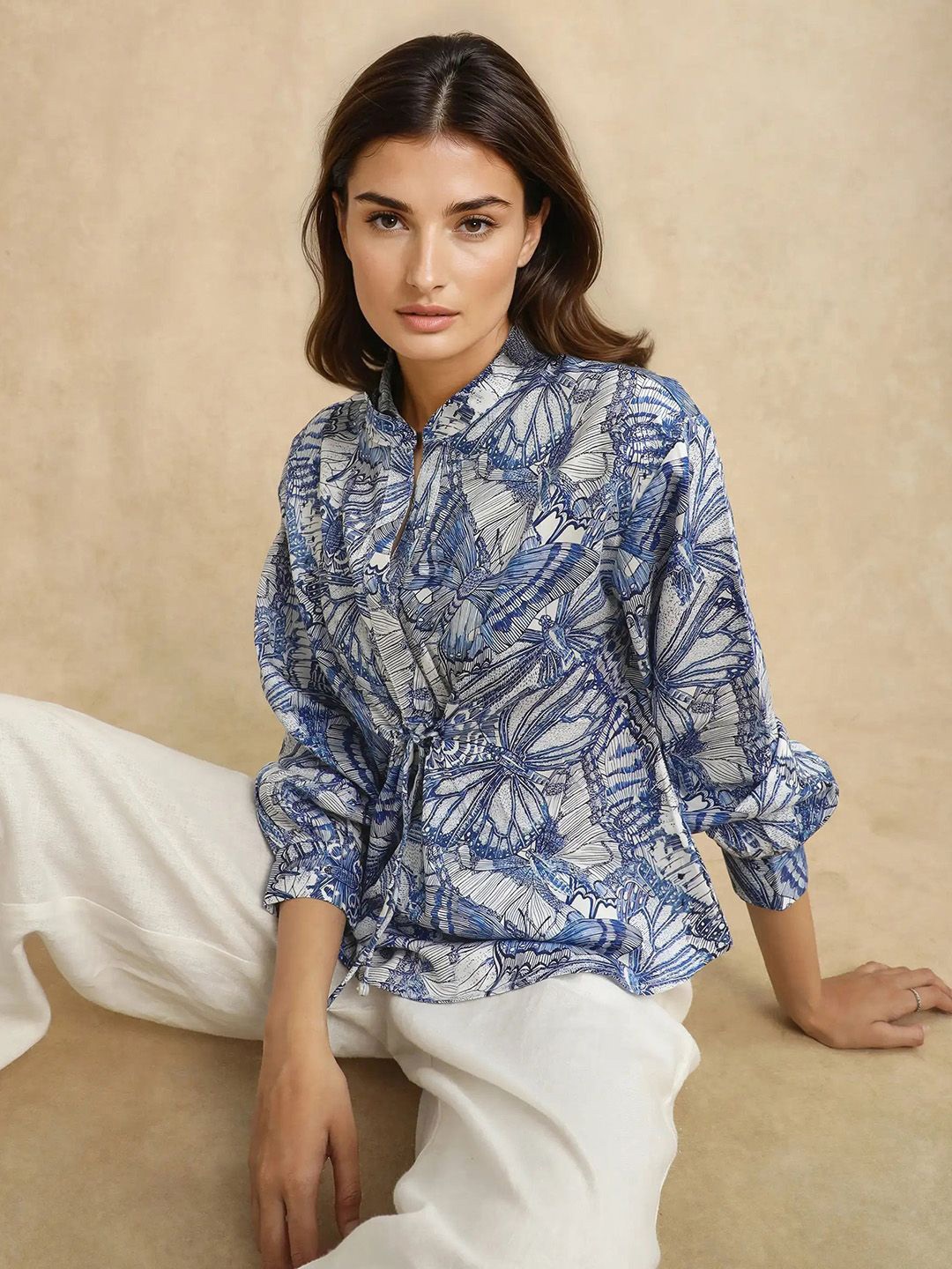 

RAREISM BHASNY Women Printed Mandarin Collar Cuffed Sleeves Top, Blue