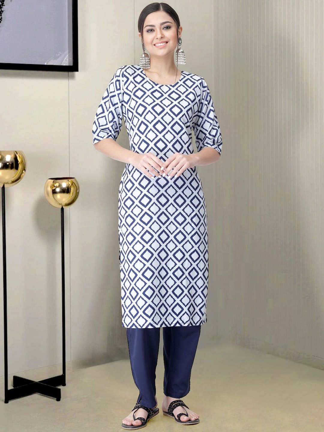 

Moda Rapido Geometric Printed Round Neck Straight Kurta With Trousers, White