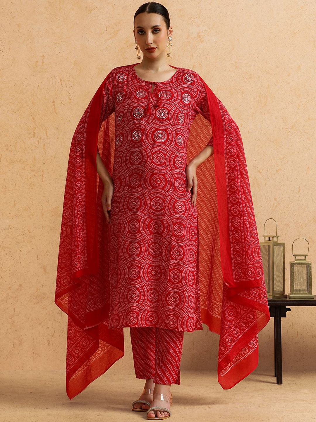 

STYLEBAAZI Bandhani Printed Tie-Up Neck Pure Cotton Kurta With Trousers And Dupatta, Red