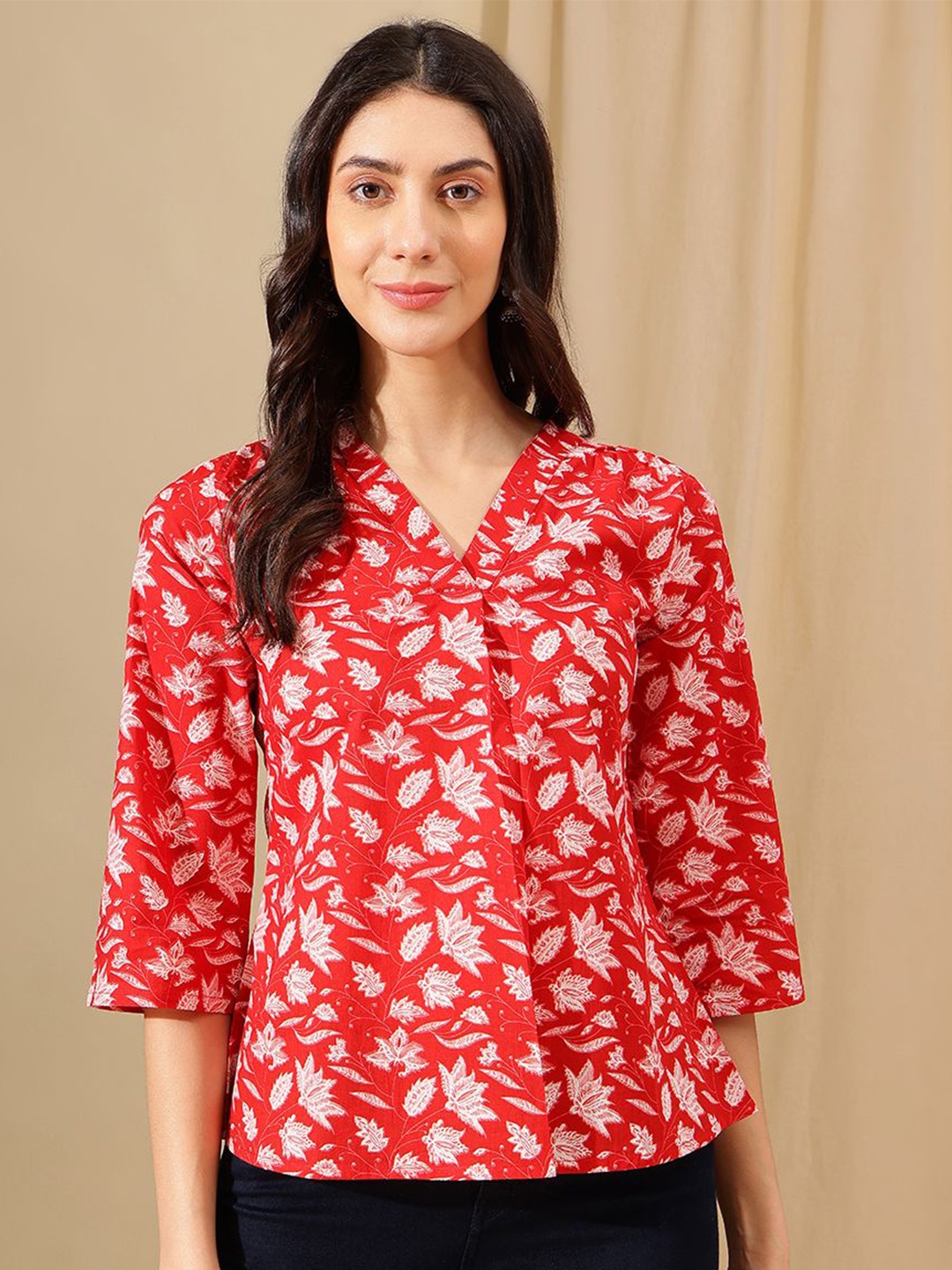 

KALINI Floral Print Cotton Top, Red