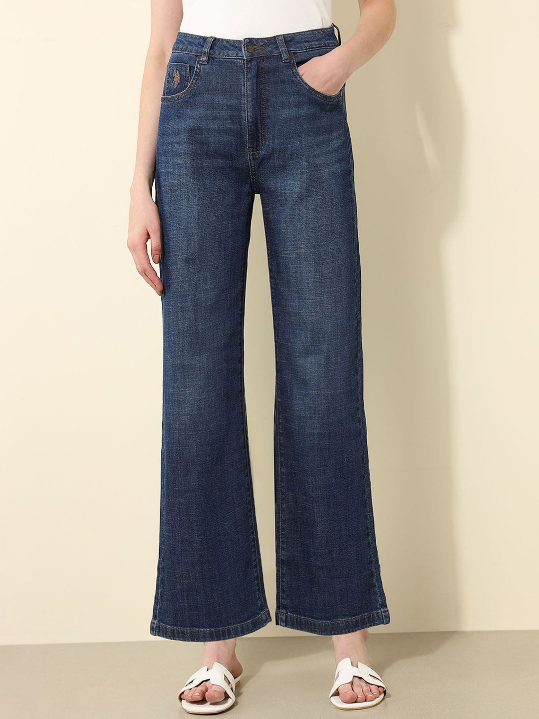 

U.S. Polo Assn. Women Cotton Wide Leg High-Rise Light Fade Stretchable Jeans, Blue