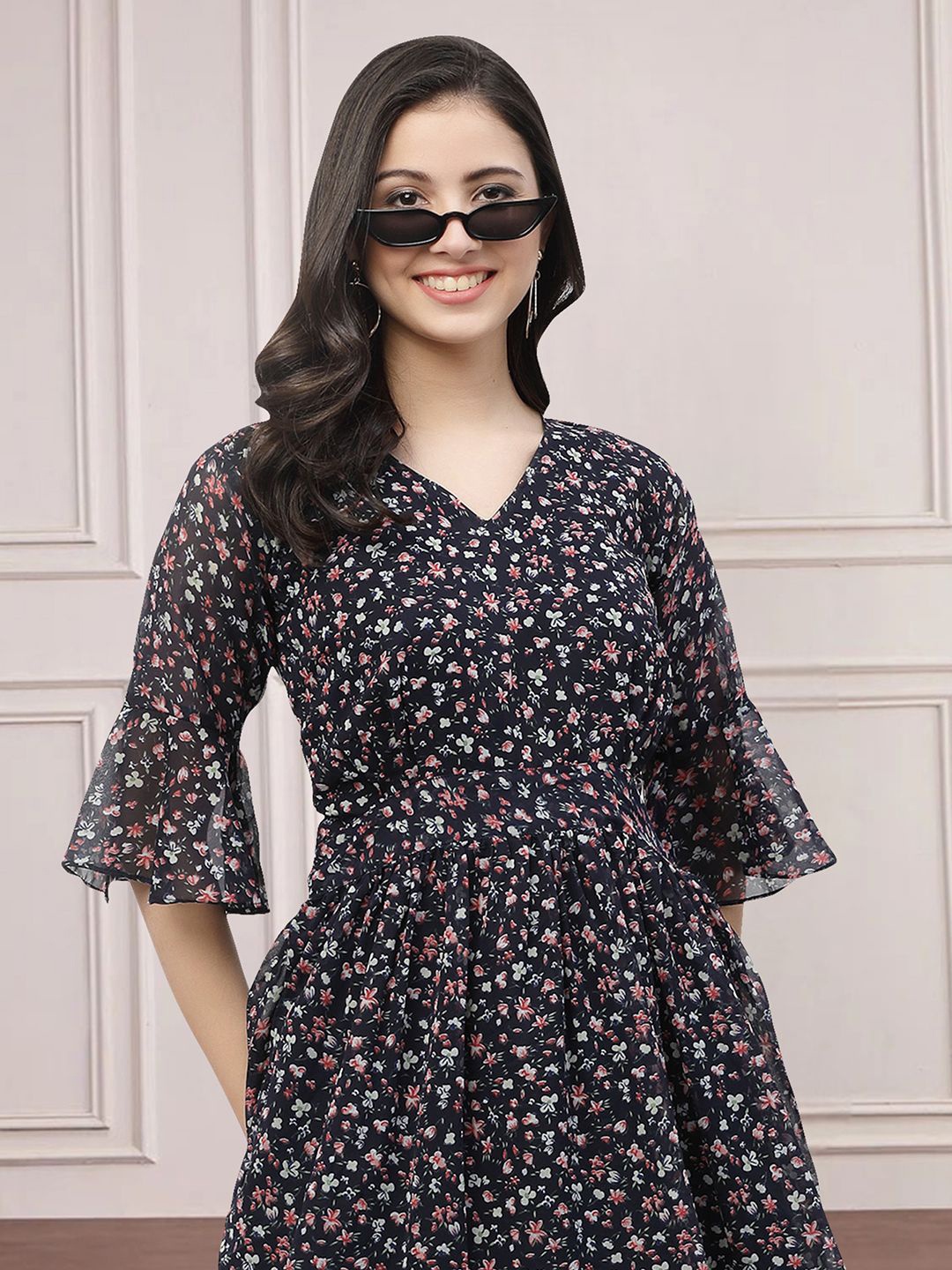 

Moda Rapido Floral Print Applique Fit & Flare Dress, Navy blue