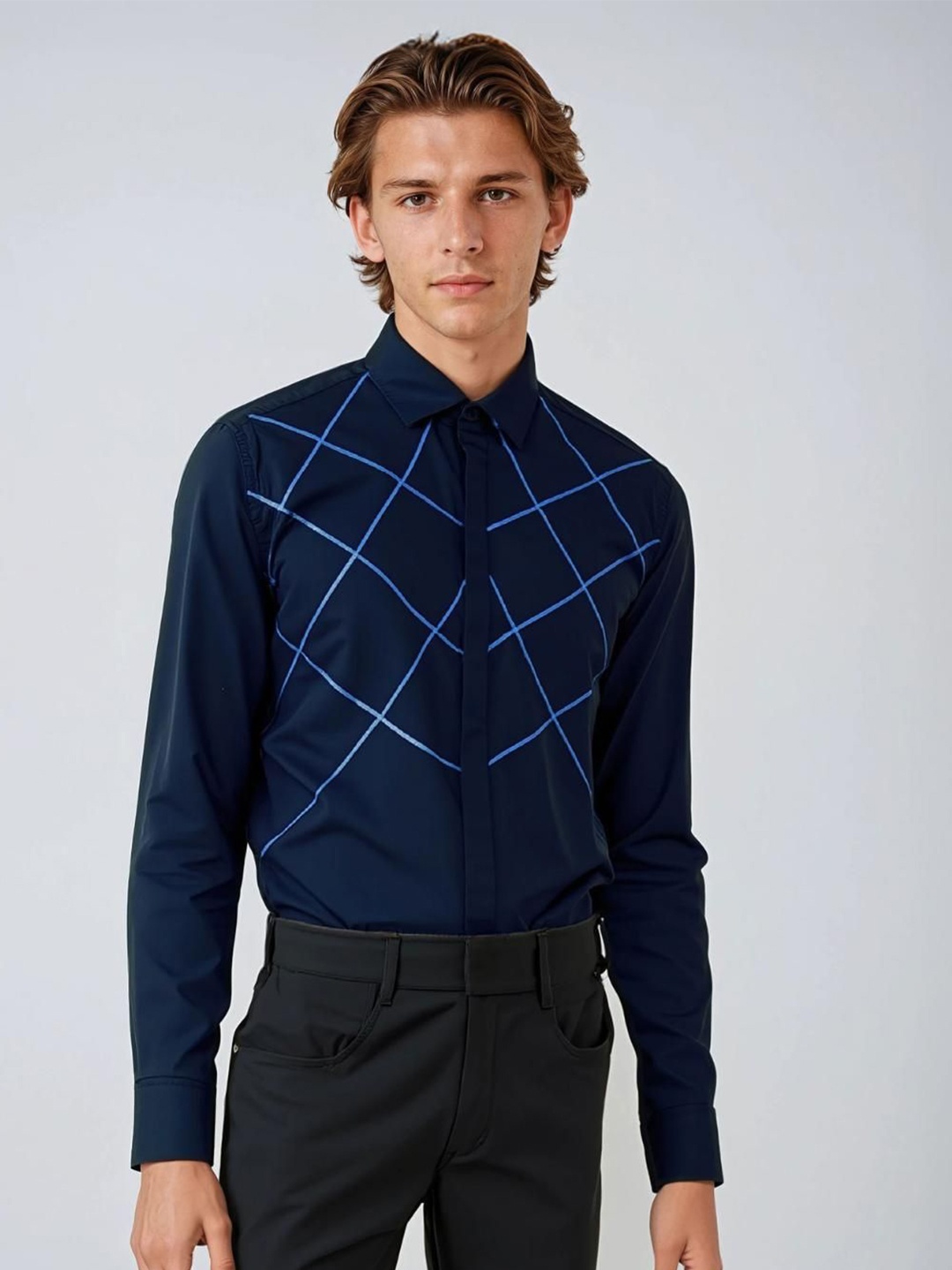 

HE SPOKE Men Smart Tailored Fit Opaque Checked Casual Shirt, Navy blue