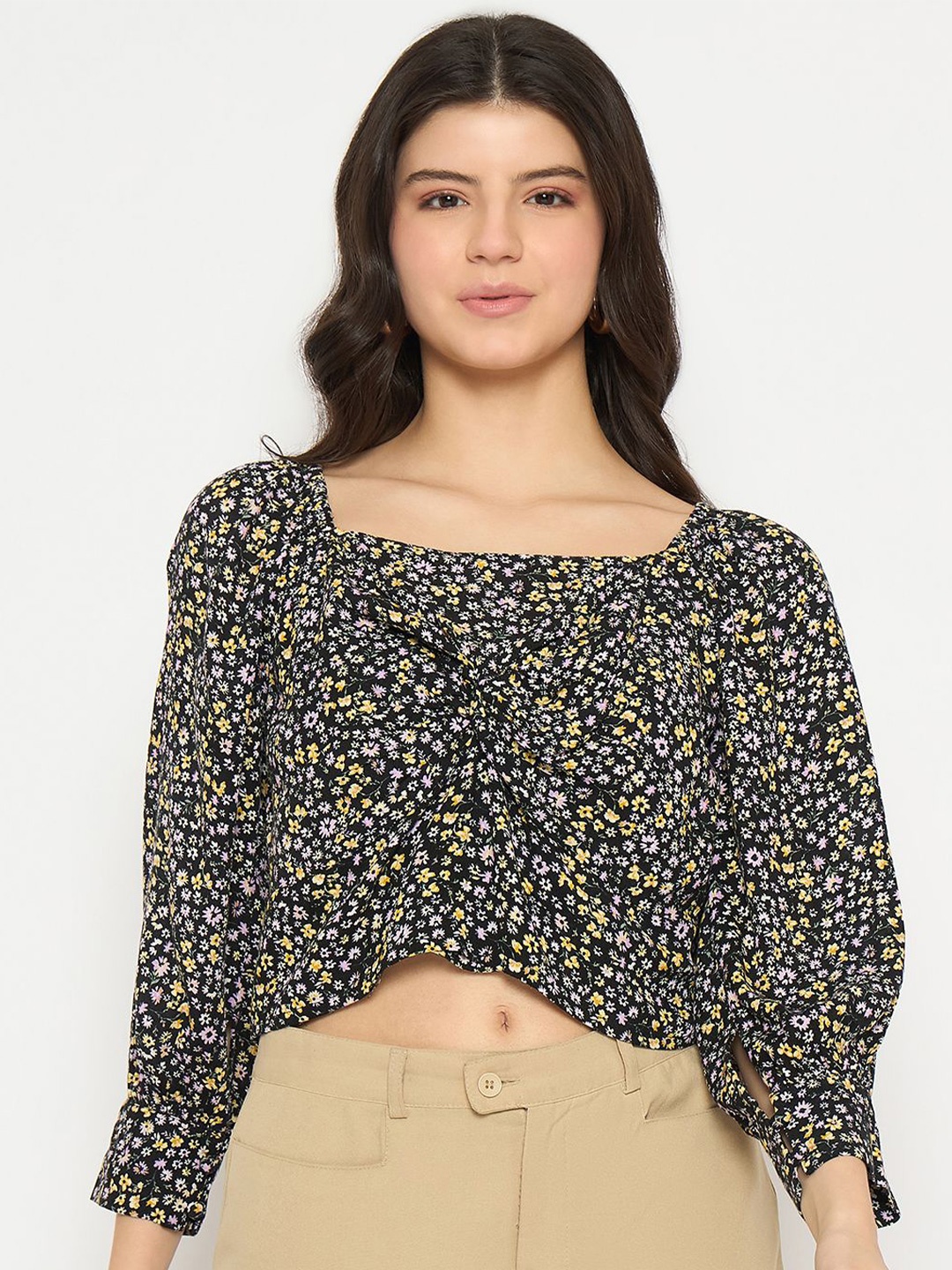 

Madame Women Floral Printed Square Neck Crop Top, Black