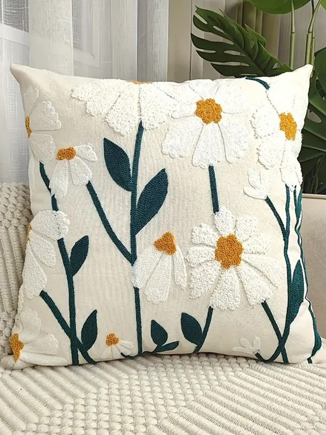 

DecorTwist White & Green Floral Knitted Cotton Throw Square Cushion Cover