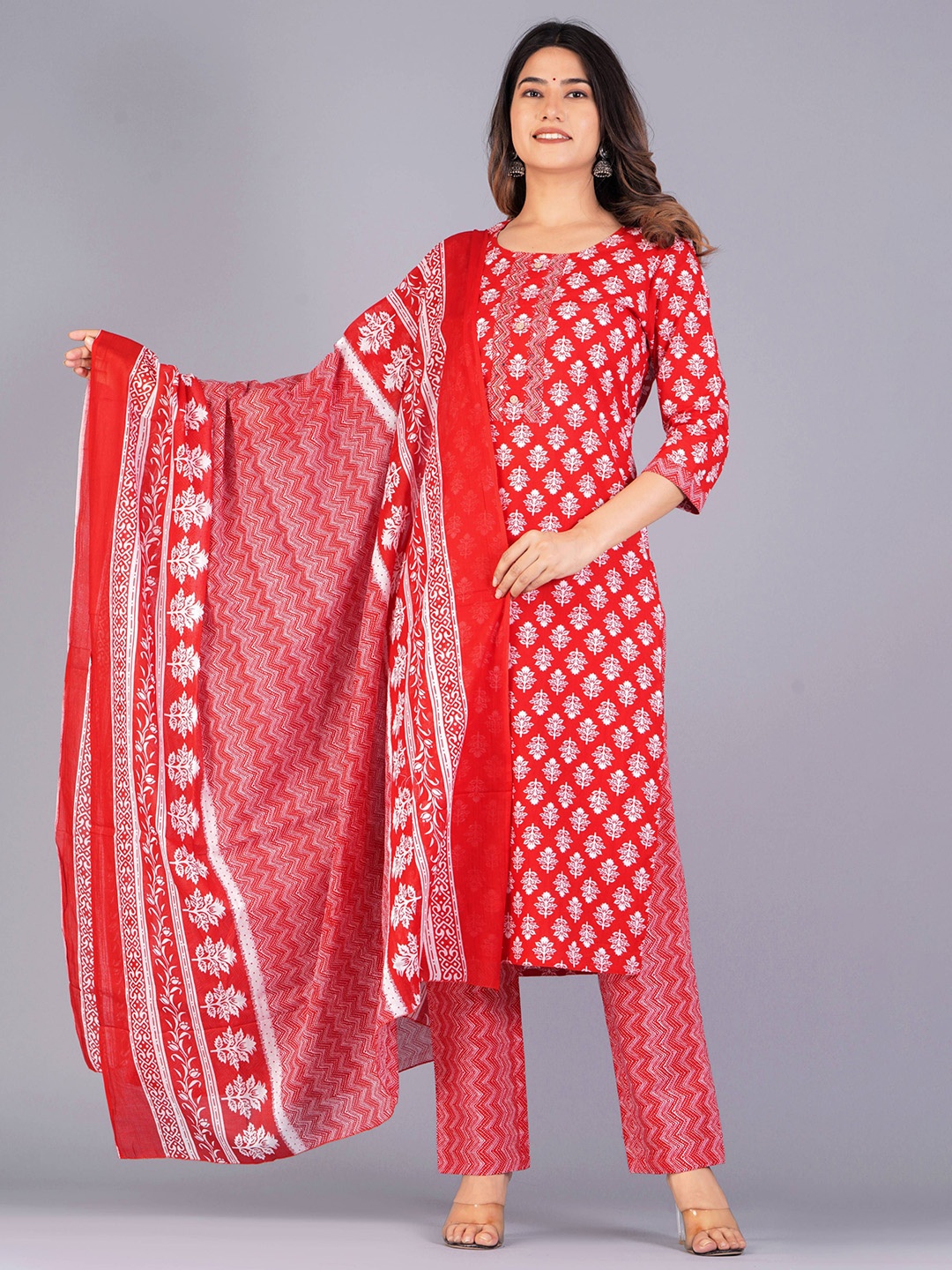 

Moda Rapido Floral Printed Round Neck Pure Cotton Straight Kurta with Trousers & Dupatta, Maroon