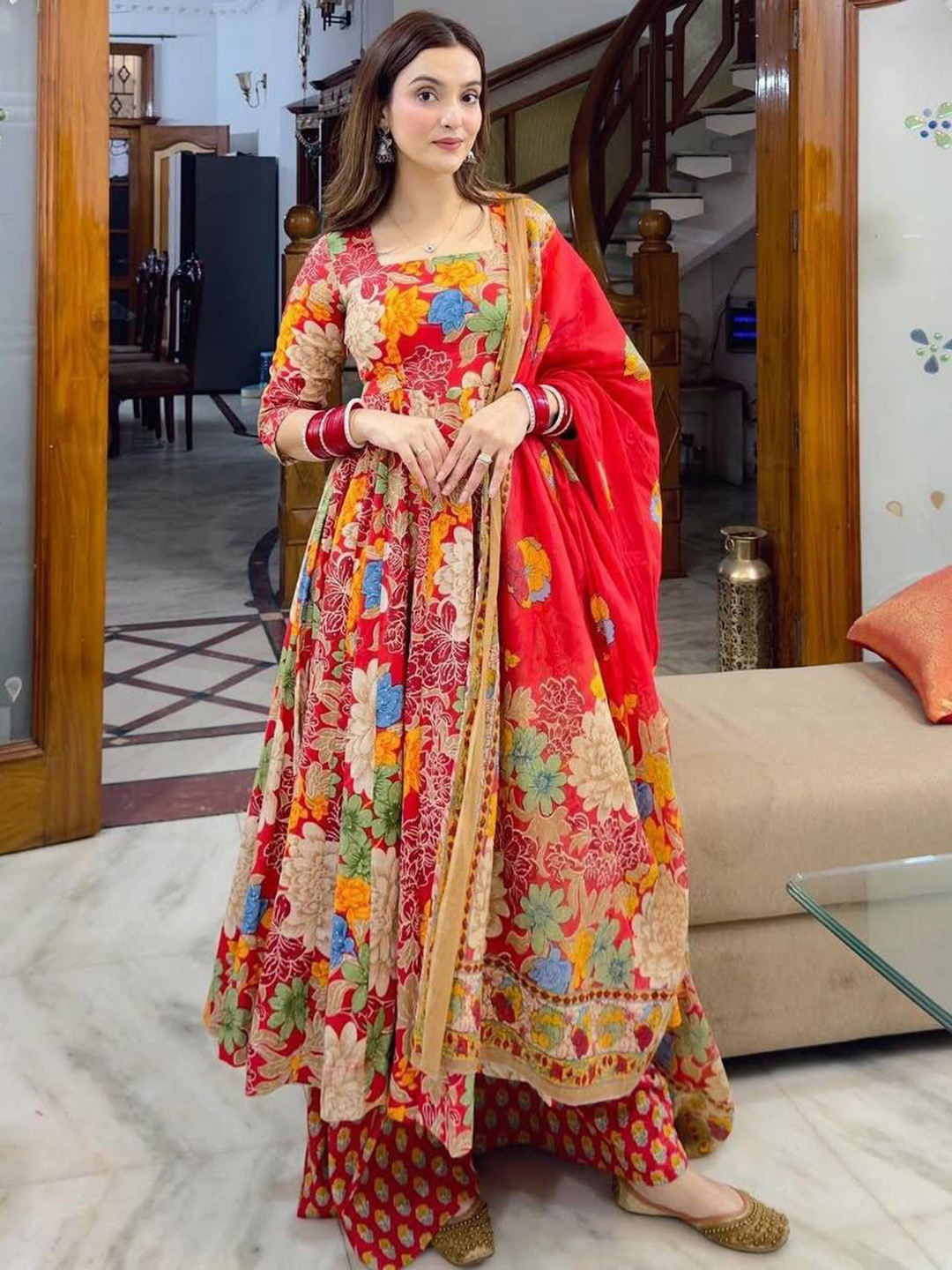 

Bought First Floral Printed Square Neck Anarkali Kurta With Trousers And Dupatta, Red