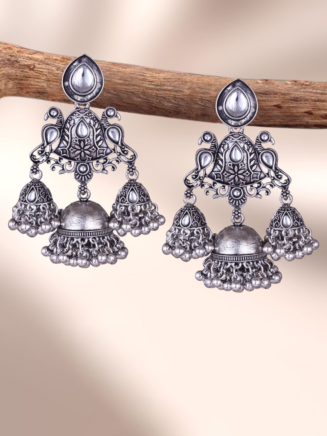 

MEENAZ Silver-Plated Oxidised Artificial Stones Studded Dome Shaped Jhumkas