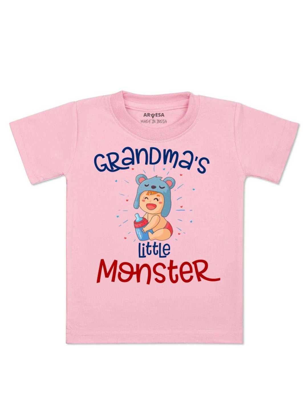 

Arvesa Kids Grandma Little Monster Printed Tshirt, Pink