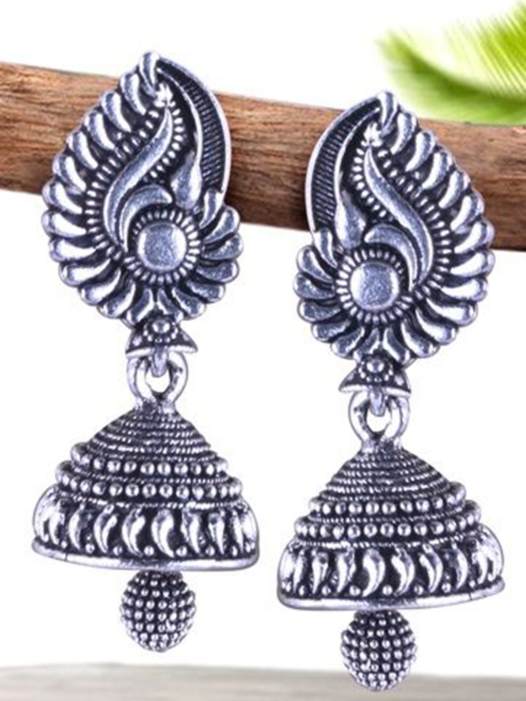 

DIVASTRI Peacock Shaped Jhumkas Earrings, Silver