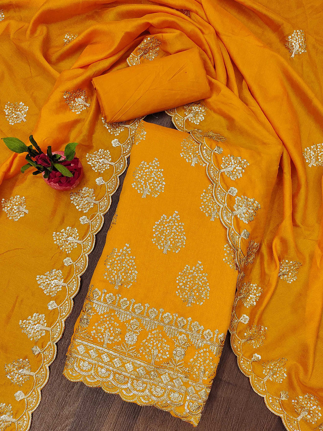 

SAINOOR Floral Embroidered Unstitched Dress Material, Yellow