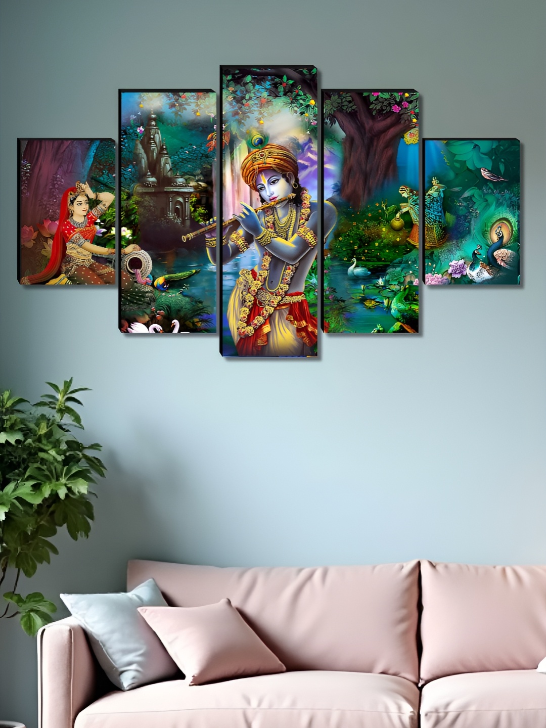 

Aura Green & Red 5 Pieces Wooden Radha Krishna Religious Wall Art