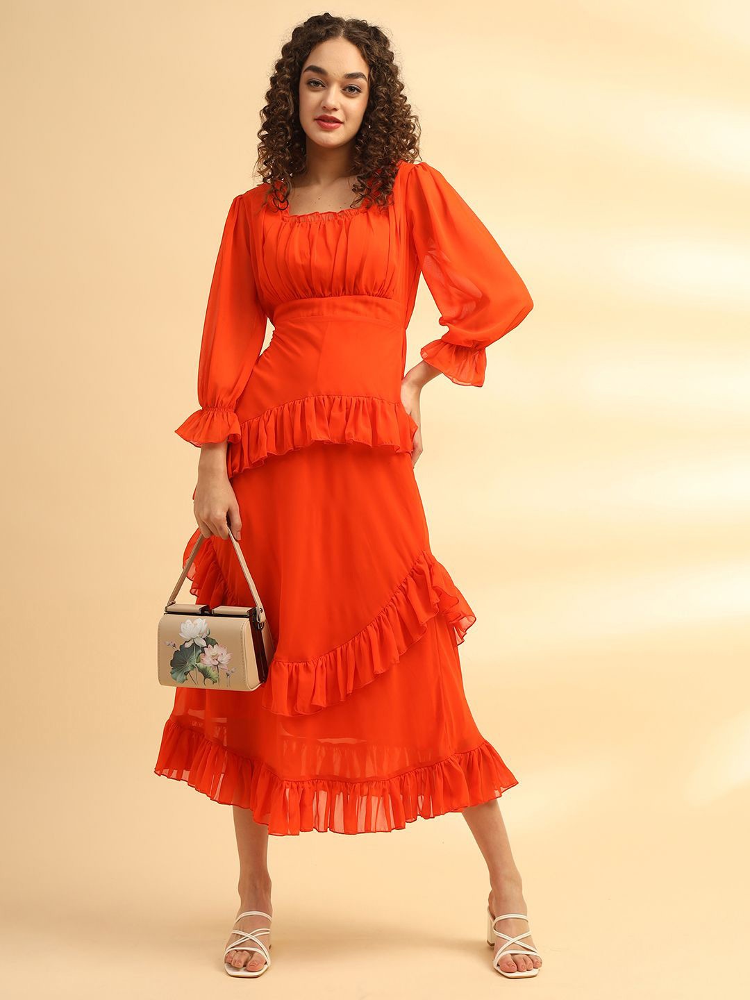 

Justin Whyte Puff Sleeve Georgette A-Line Midi Dress, Orange