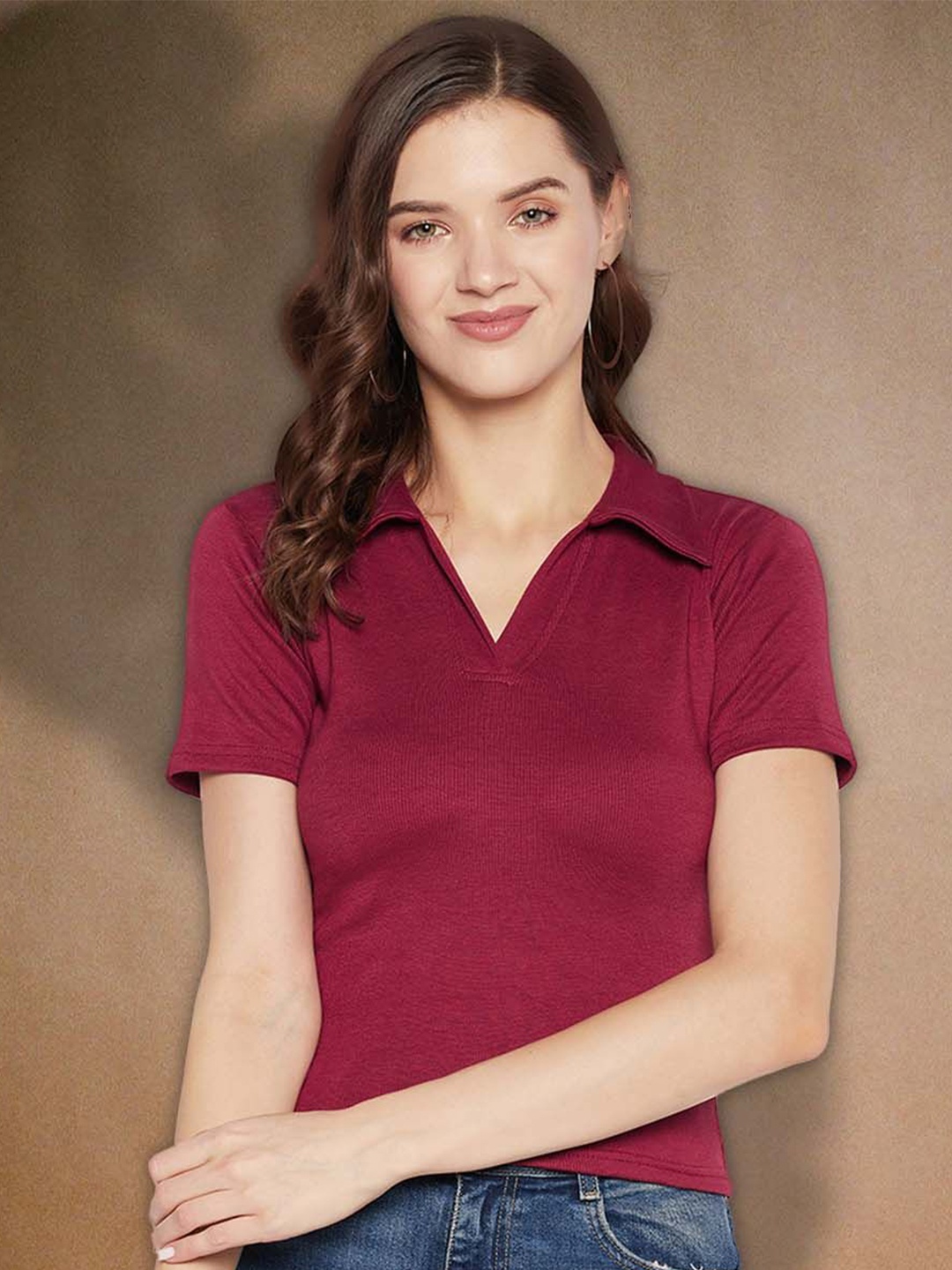 

all about you Women Shirt Collar Ribbed Fitted Top, Maroon