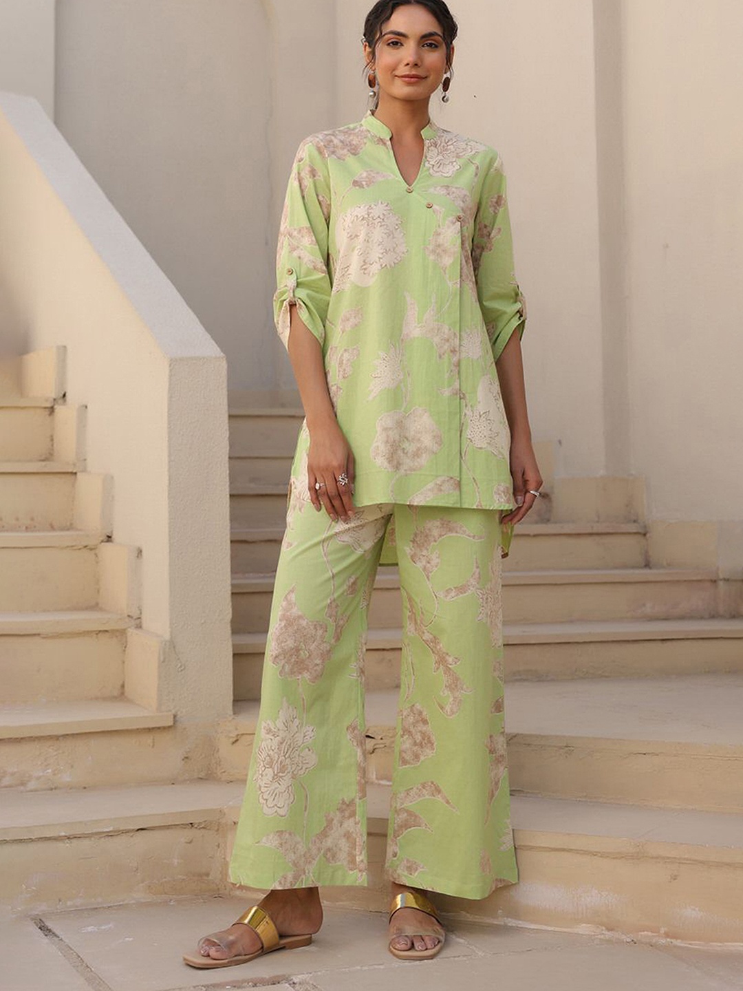 

JISORA Green Floral Printed Pure Cotton Top & Trousers