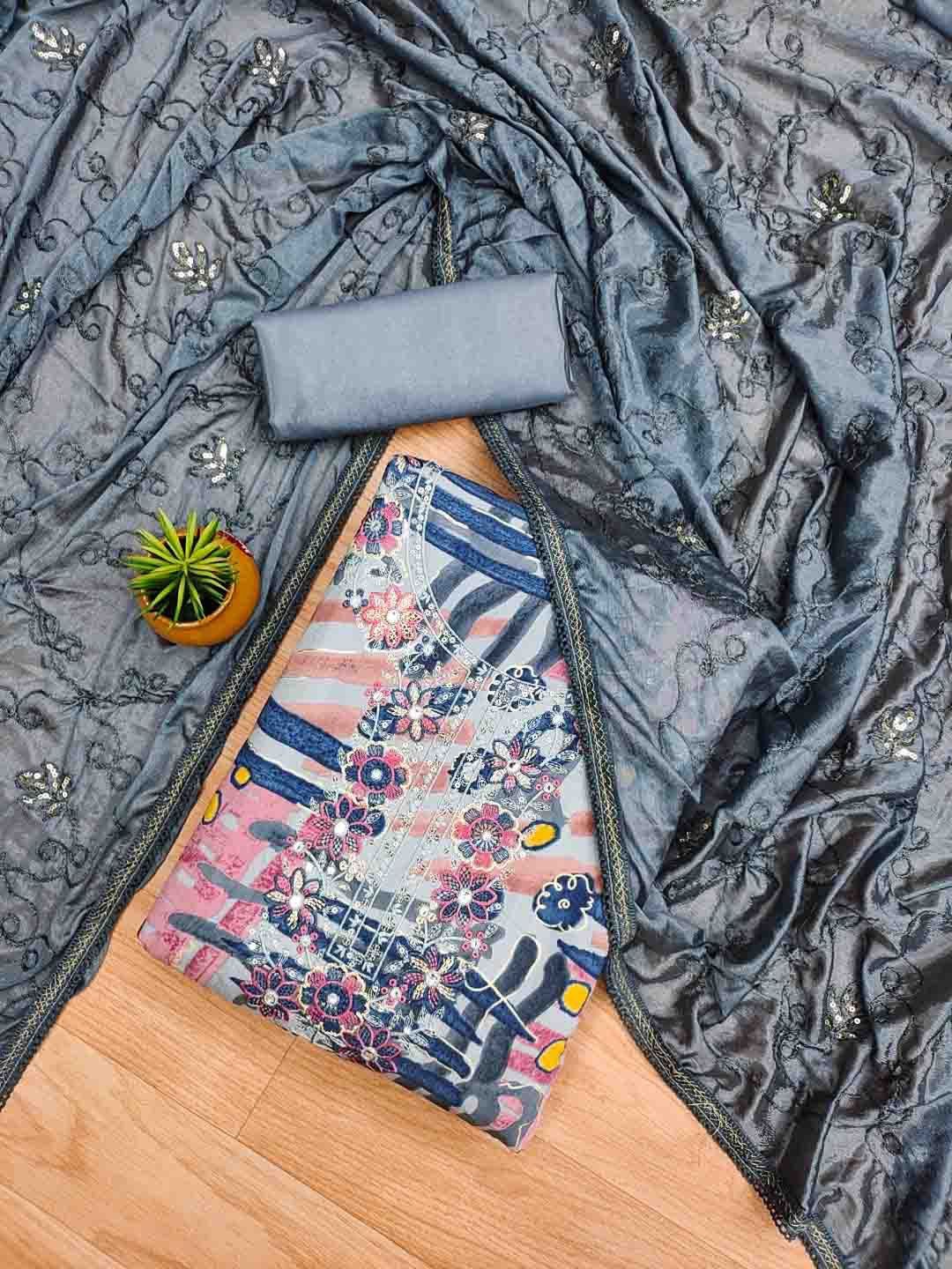

KALINI Printed Unstitched Dress Material, Grey