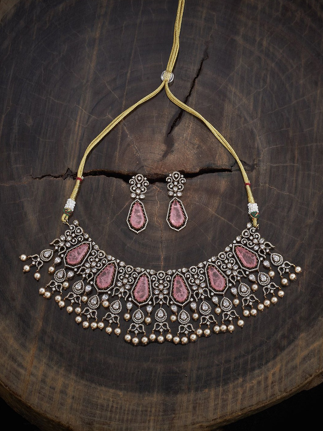

Kushal's Fashion Jewellery Pink Victorian-Plated Party Zircon Jewellery Set, Gold